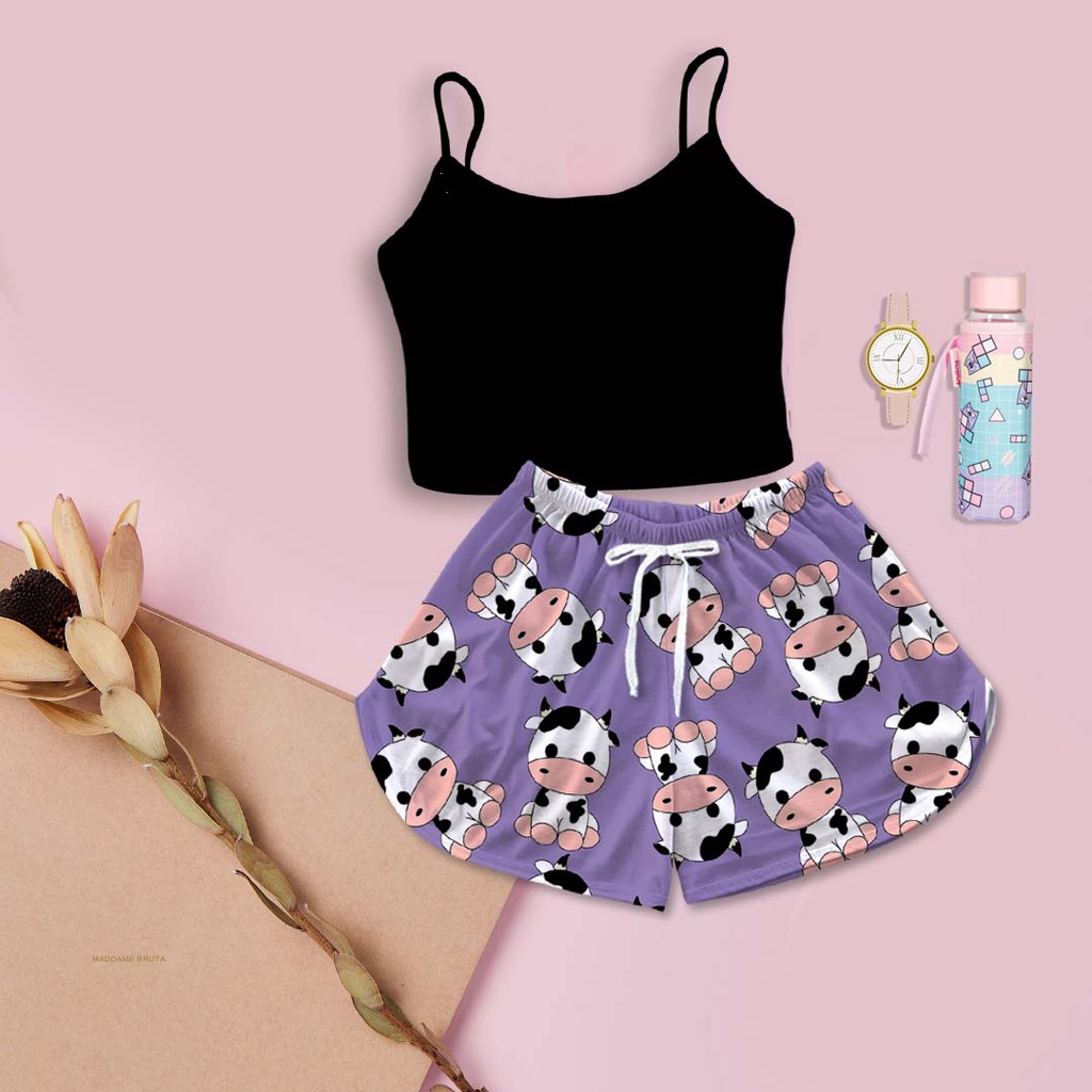 Kit Pijama Feminino Cropped Preto Vaquinha Lilás