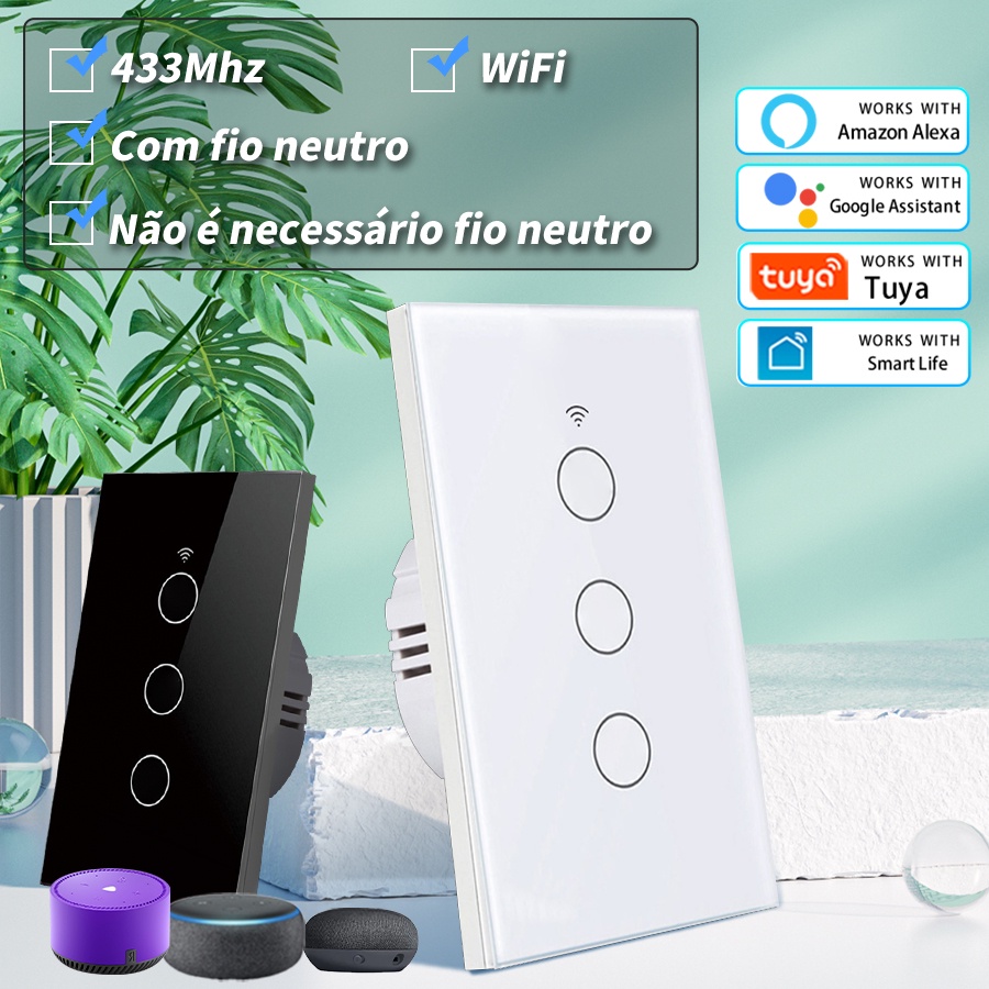 Tuya Wi-Fi Inteligente Interruptor De Toque Sem Fio Neutro Required RF 433Mhz Remoto 1/2/3 Gang Luz De Voz Controle Alexa Inicial Do Google