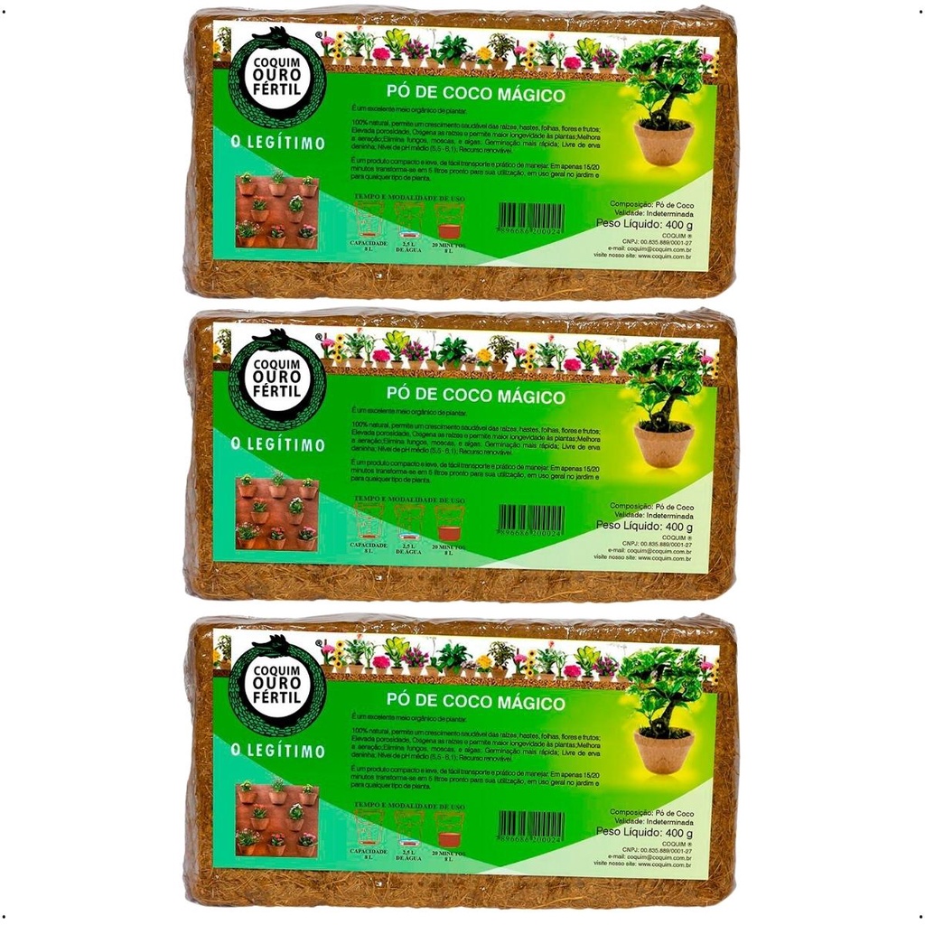3 Pó De Coco Magico Natural Orgânico 400g - Coquim Adubo