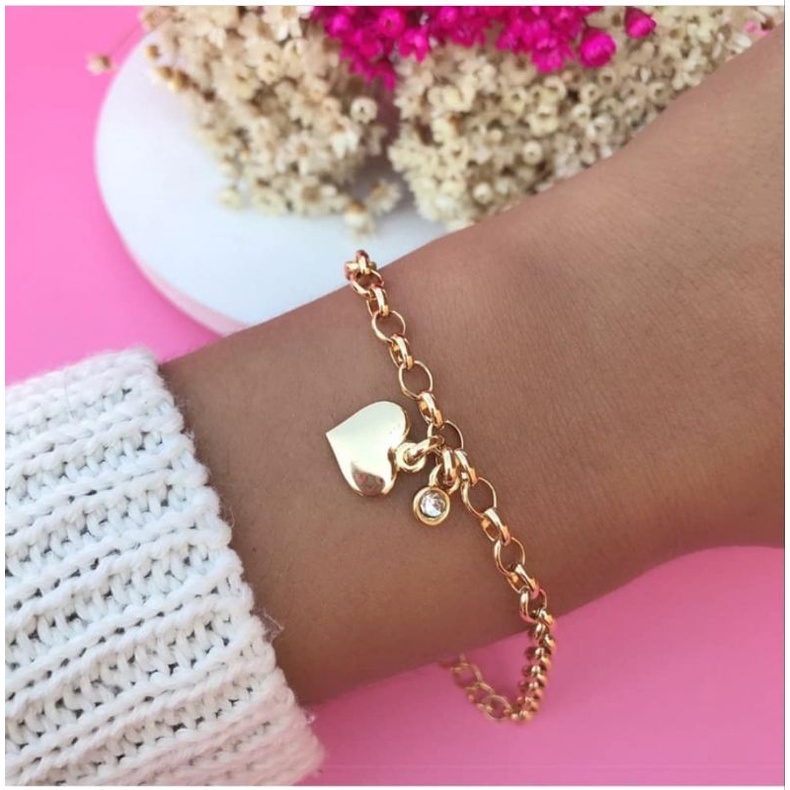 Pulseira Feminina Dourada Delicada Pingente Coração Strass Semijoia