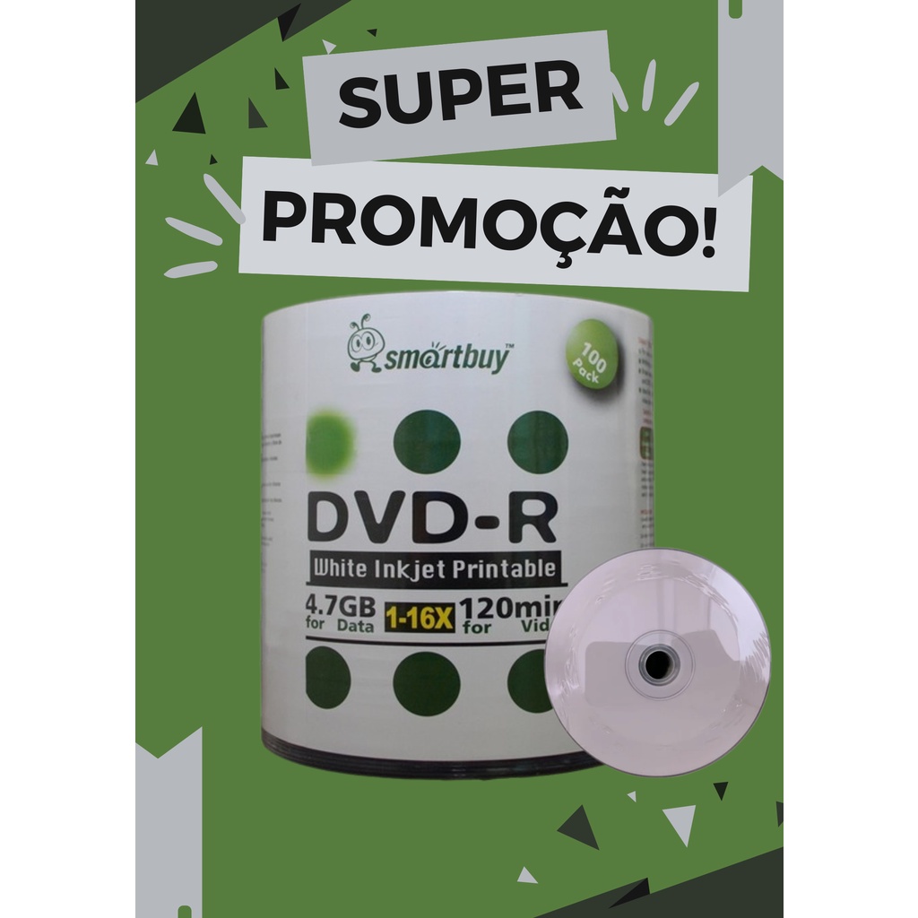 100 Mídia Virgem Dvd-r Smartbuy Printable Impressão 4.7Gb Ritek F1