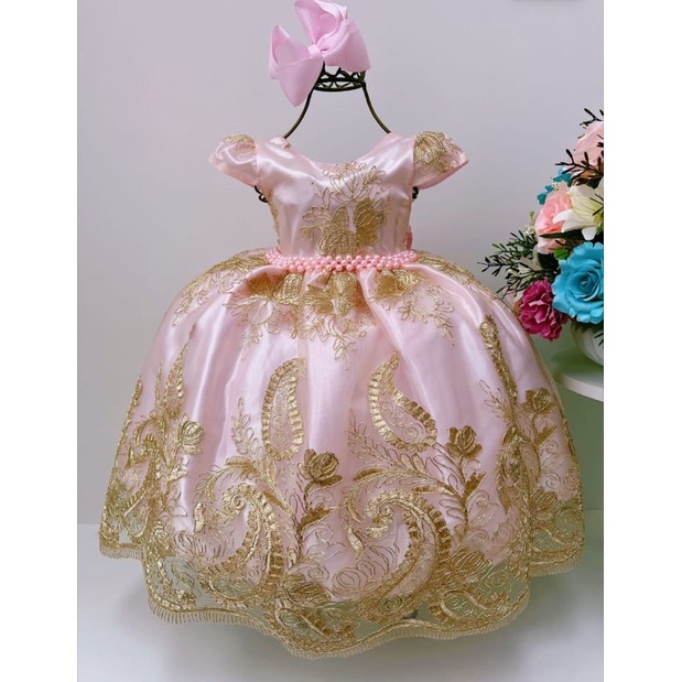 Vestido Infantil Realeza Rosa Dourado Para Princesas , Festas , Casamentos,  Daminhas E Formaturas | Shopee Brasil