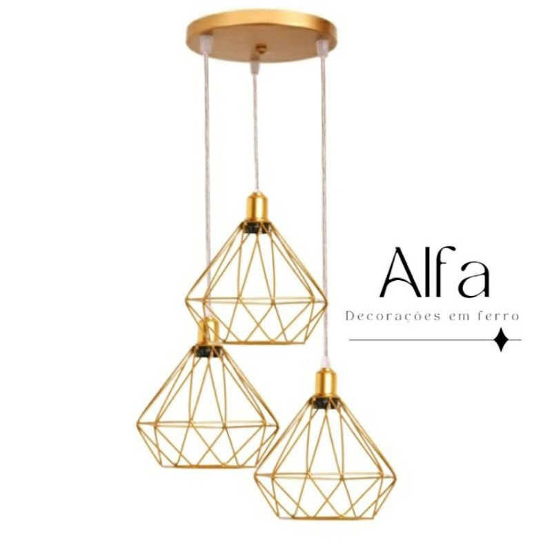Pendente Diamante Aramado Triplo Dourado Canopla Única