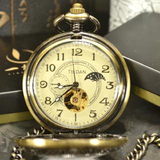 Tiedan Luxo Esqueleto Bronze Retro Homens Relógio De Bolso Esquelaria Mecânico Colar De Corrente Bolso Relógio