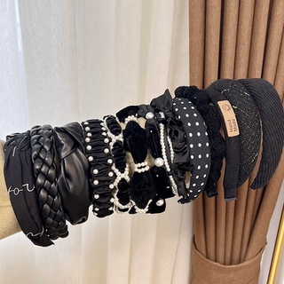 Faixa De Cabelo Preta Elegante Francês De Outono E Inverno Doce Pérola Grampo Tricotado Altura Do Crânio Larga Fêmea