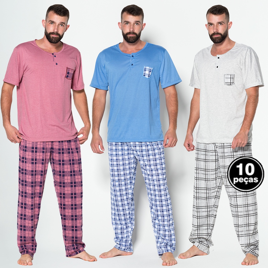 Promoção Kit 10 Pijamas WLS Modas Masculino Adulto Longo Estampada Xadrez Atacado