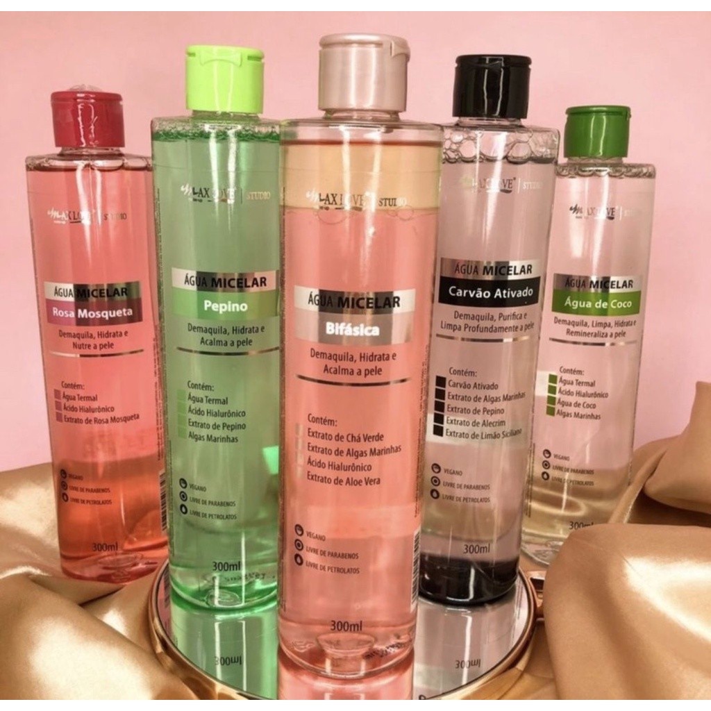 Água Micelar Rosa mosqueta, Carvão e Atioxidante 300ml Max Love