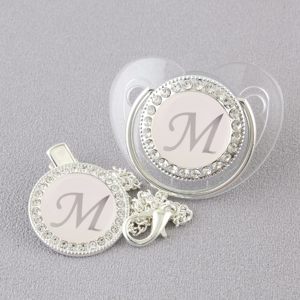 Detalhes do Transparante 26 Letras Prata Bebê Fopspeen Met Ketting Clip Pasgeboraen Bpa Gratis Bling Manequim Fopel Chupete