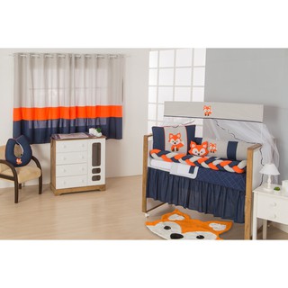 Kit Protetor Berço Raposa Trança Azul Marinho - 10 Peças