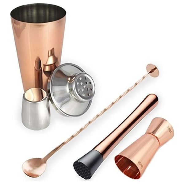 Kit Bar Coqueteleira Colher Bailarina Dosador Macerador Rosê Gold
