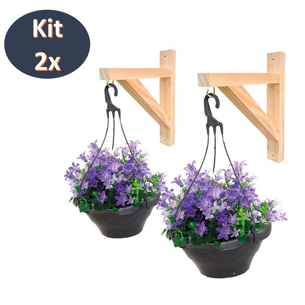 Kit 2 Mão Francesa Suporte Plantas em Madeira Pinus 20x20 Com Gancho Bucha e Parafuso