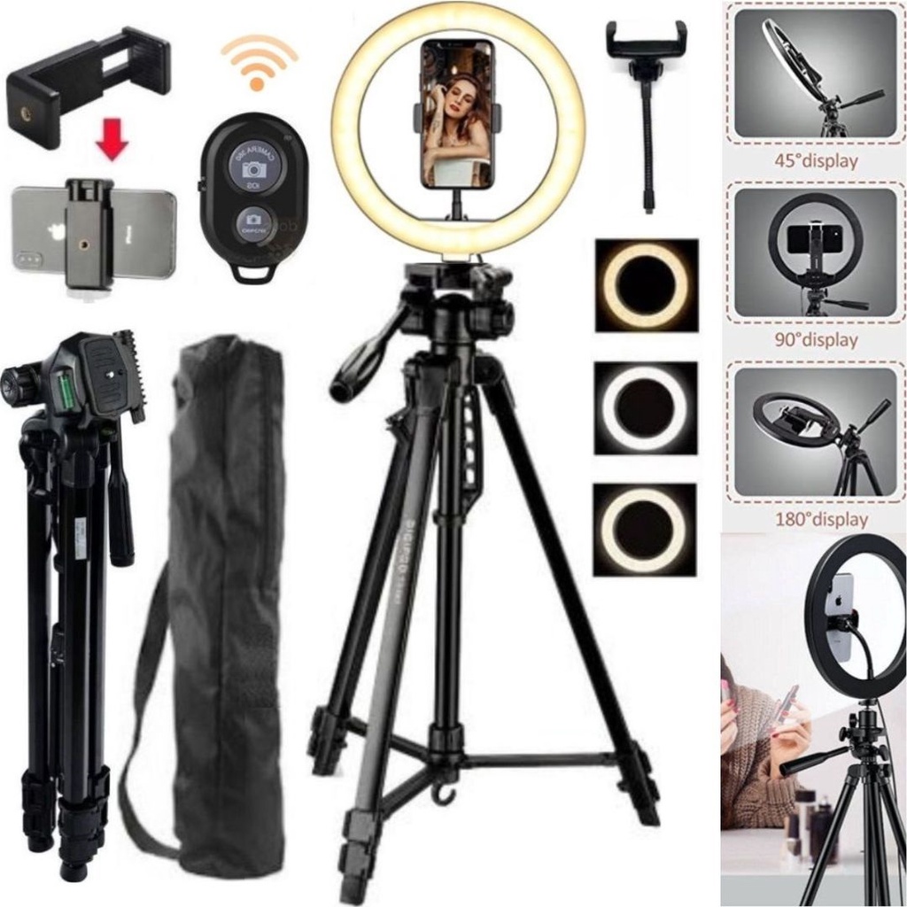 Tripé 1,80m Profissional Para Câmera Celular + Ring Light Luz Led Controle Foto Vídeo Live