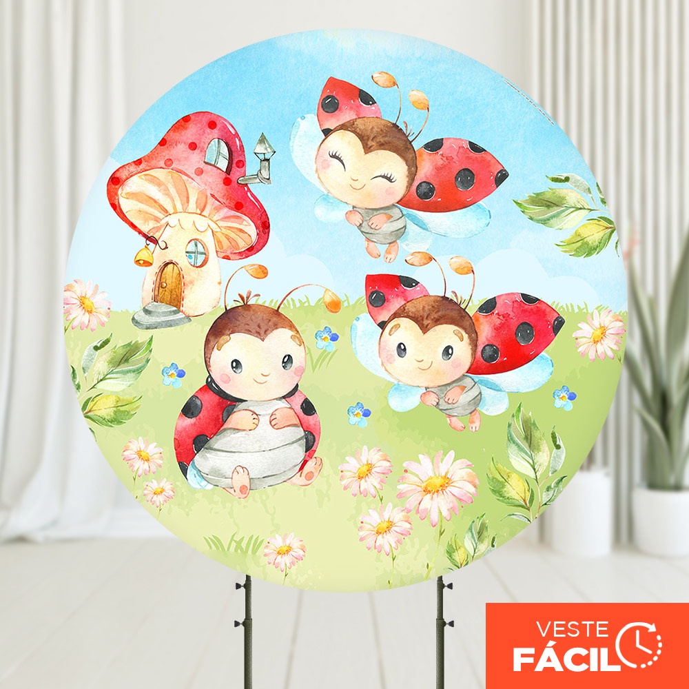 Painel Redondo Joaninha Cute Decoração Festa Infantil Em tecido 1,50m com Elásti