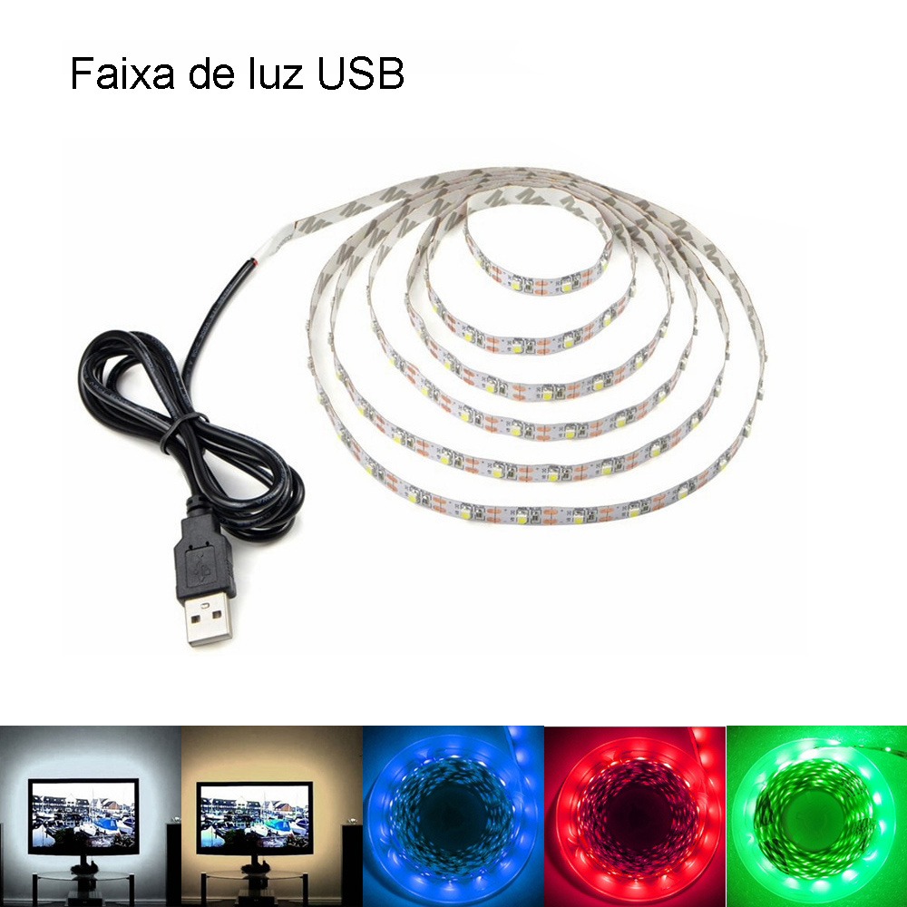 Luz LED USB 2835 , 1M 2M 3M 4M 5M, Faixa de luz de diodo, tela de mesa, luz de fundo de TV, DC5VFaixa de luz flexível com cabo USB, Verde / vermelho / azul / branco / quente