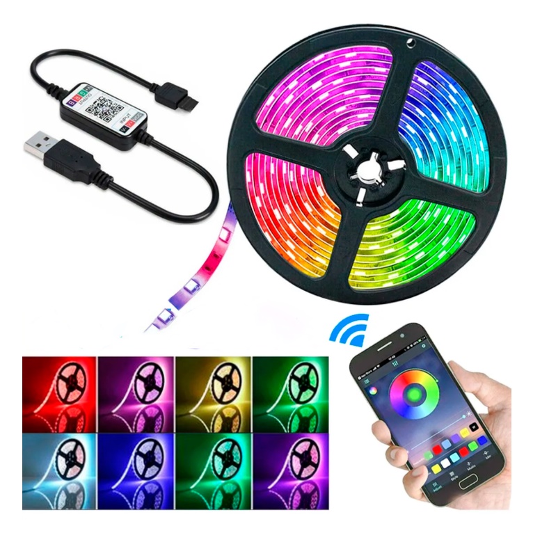 Fita Led Rgb 3528 Usb 5m Para Pc Tv  Bluetooth Controlador Via Aplicaativo 300 Leds