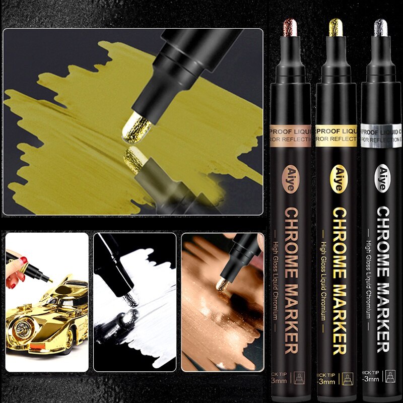 Ouro Prata Cobre Metálico Líquido Chrome Marcador Espelho Caneta À Prova D'água De Tinta Reflexiva Pintura DIY Artesanato Canetas De Metal em Oferta na Shopee