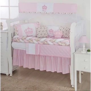 Kit Berço Com Lateral E Trança Coroa Rosa 12 Peças