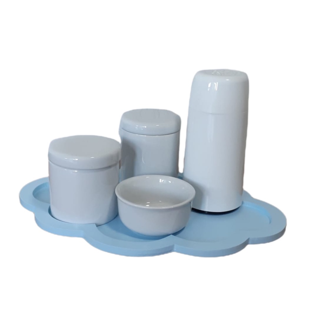 Kit Higiene Bebê Porcelana Branca Bandeja Nuvem Clean Azul 5 peças maternidade menina menino porta algodão cotonete