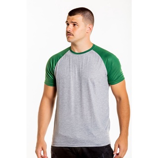 Camiseta Raglan Cinza Mescla Com Manga verde 100% Poliéster