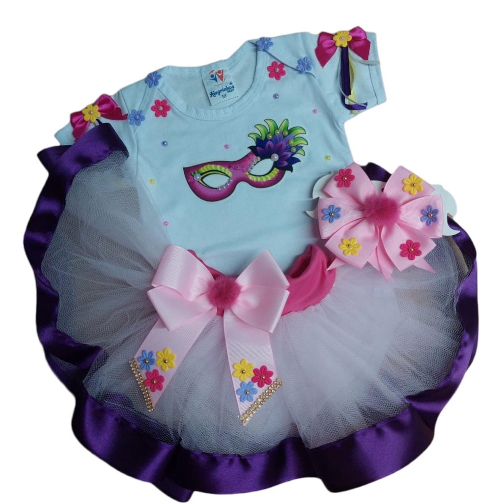 Kit Roupa Festa Fantasia Carnaval Conjunto Infantil Menina Body + Saia Tutu + Laço