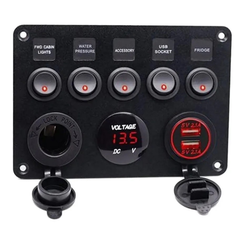 Painel Elétrico Comando 5 Chaves Botões para Motorhome Trailer Barco Caminhão Kombi Iate Lancha