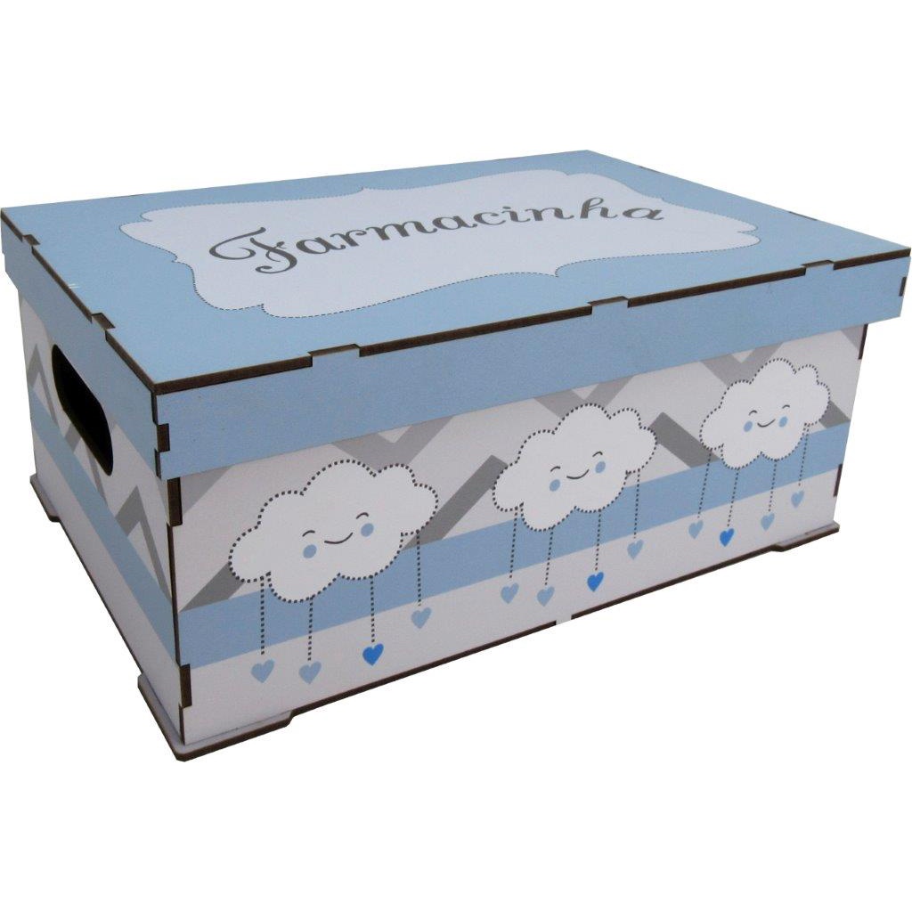 Caixa Farmacinha MDF Nuvem Azul Decoração Quarto Bebê Organizadora 30x20x12,5cm