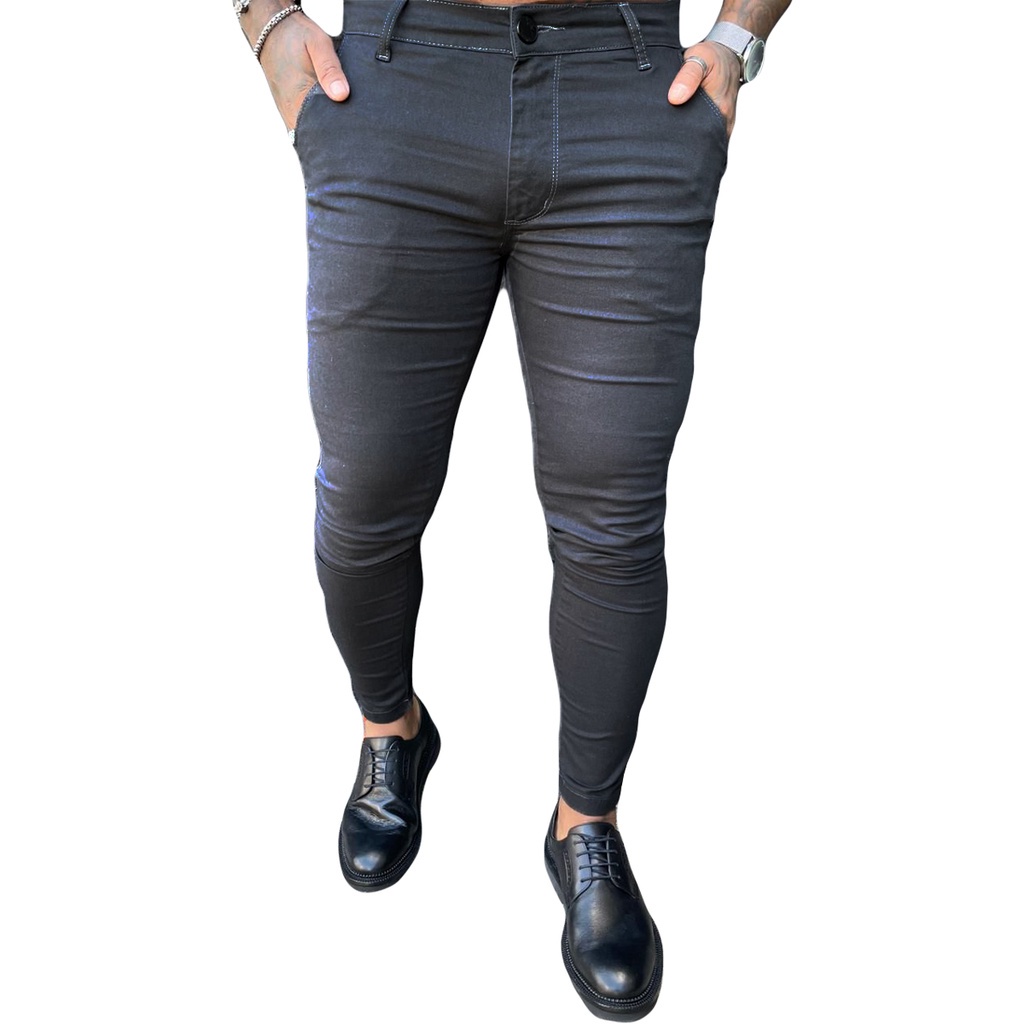 Calça Alfaiataria Jeans Skinny Sarja Cinza Escura Premium Codi Jeans Masculina