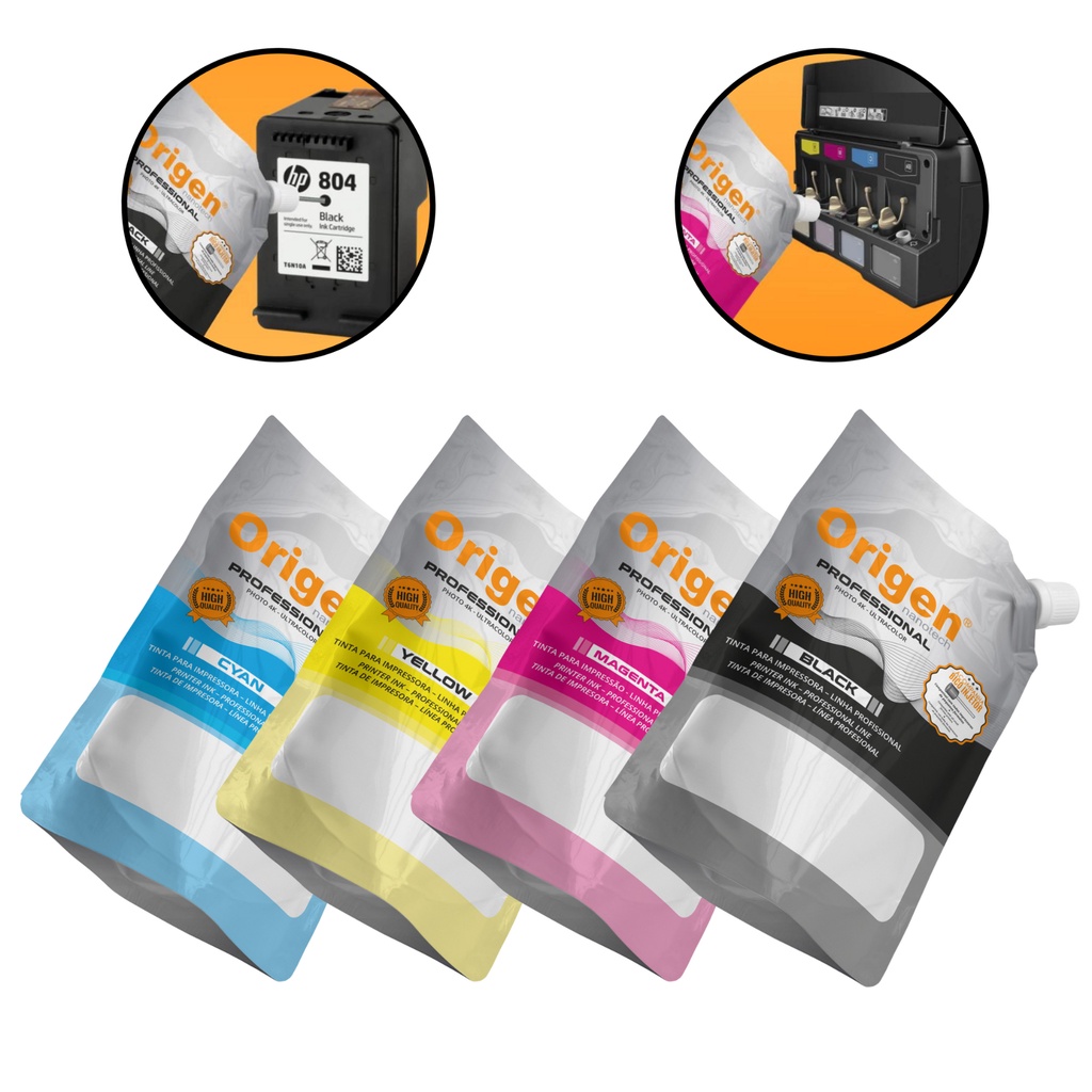 Kit 4 Refil De Tintas Recarga Cartuchos e Tanques Epson e HP - 400ml