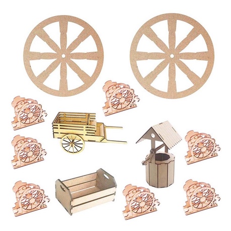 Kit -  2 Carroça 2 Poço 2 Caixote 7 Porta Guardanapo 2 Roda Em MDF  Lembrancinha Decoração - Amoratto