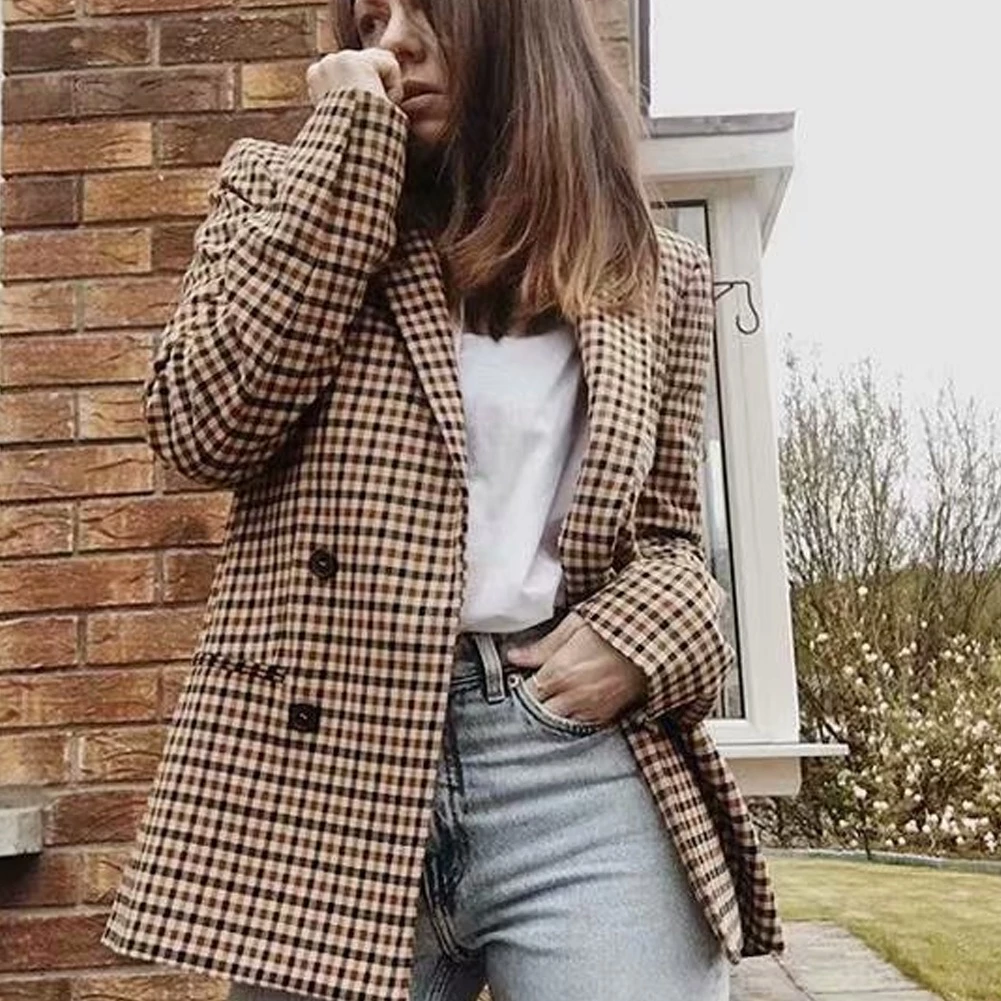 Vintage Bouble Breasted Xadrez Feminino Blazer Senhoras Retro Escritório Senhora Jaquetas Casaco Trabalho Sobrecoat — imagem 1
