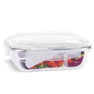 Pote de Vidro com divisória Retangular Hermético Marmita Tampa Plástico Alimentos 640ml