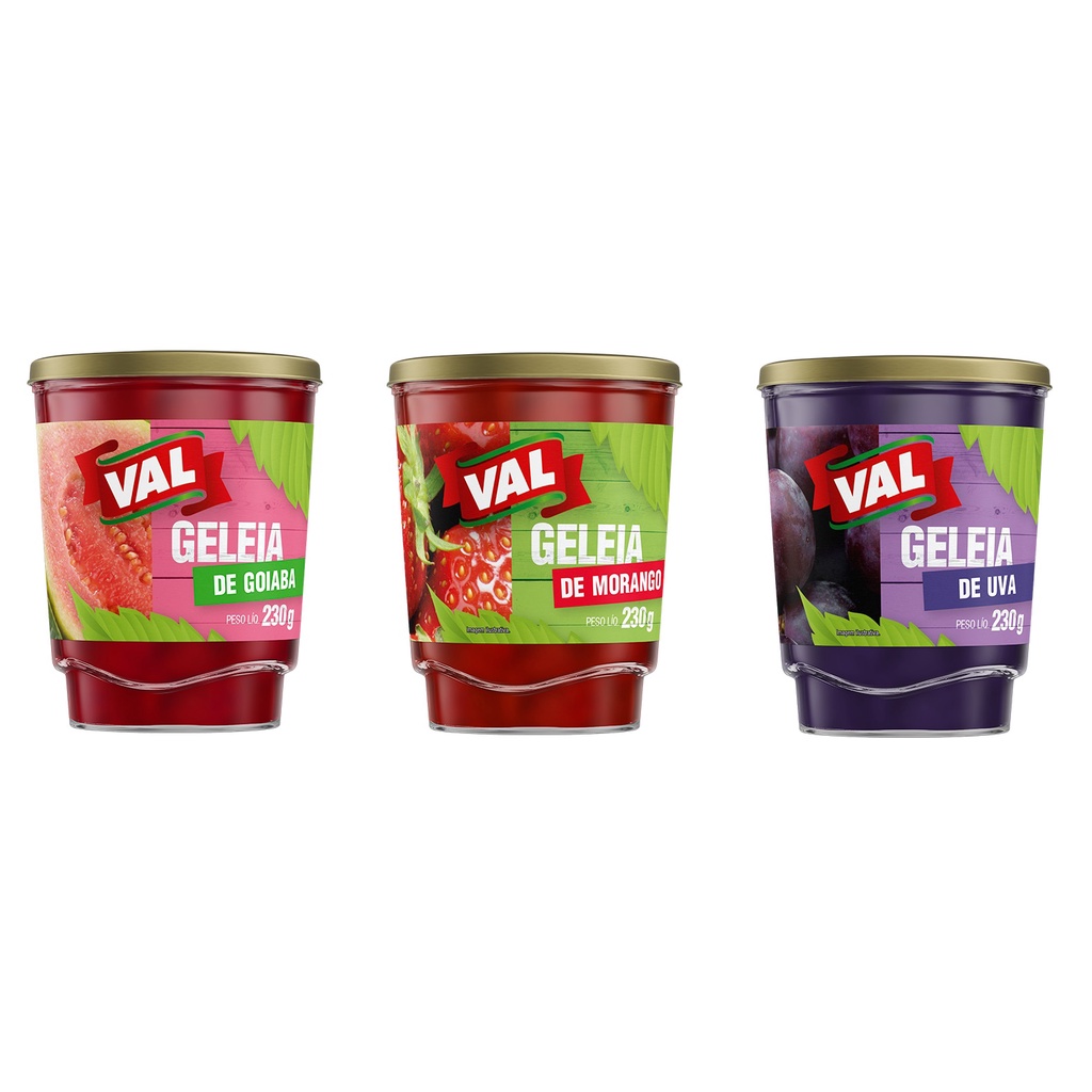 Kit Geleias De Frutas Val Goiaba, Morango e Uva Vidro 230g