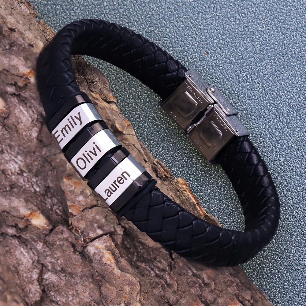 Pulseira Personalizada De Couro Genuíno Para Homens Aço Inoxidável Nome Da De Encanto Jóias Com Nomes Familiares Apenas O Dia Das Mães Presente Do Dos Pais
