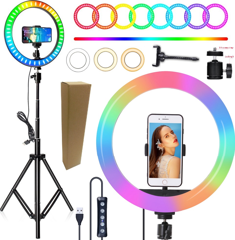 Kit Iluminador Ring Light Led Rgb Colorido + Tripé Profissional Suporte Para Celular Smartphone Universal Iphone Android