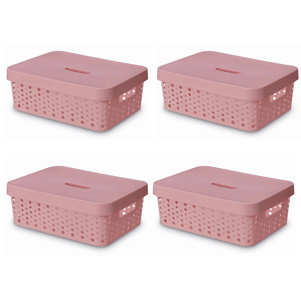Kit C/ 4 Caixas Organizadoras 11l Com Tampa Rosa - Cesto Organizador - Usual Utilidades
