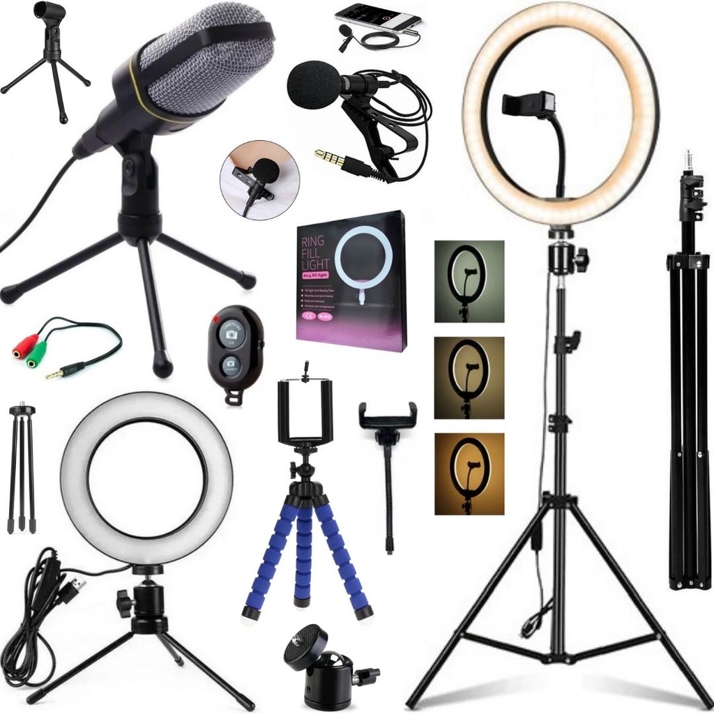 Kit Gravação Vídeo Profissional Tripé 2m Ring Light Luz Microfone Aula Blogueira