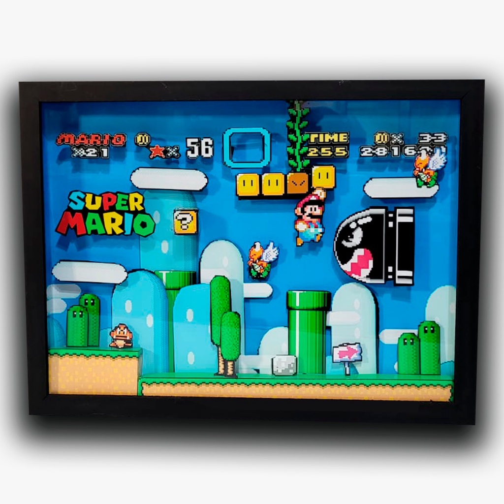 Quadros Decorativos 3D Diorama Super Mario Bros - TAM A3 A4 - Moldura de madeira com proteção de Vidro na frente - Poster Decorativo 3D