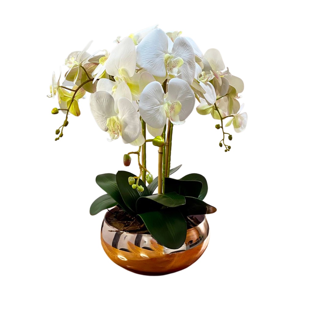 Arranjo Centro de Mesa Orquídeas Brancas no Vaso Rose Gold | Shopee Brasil