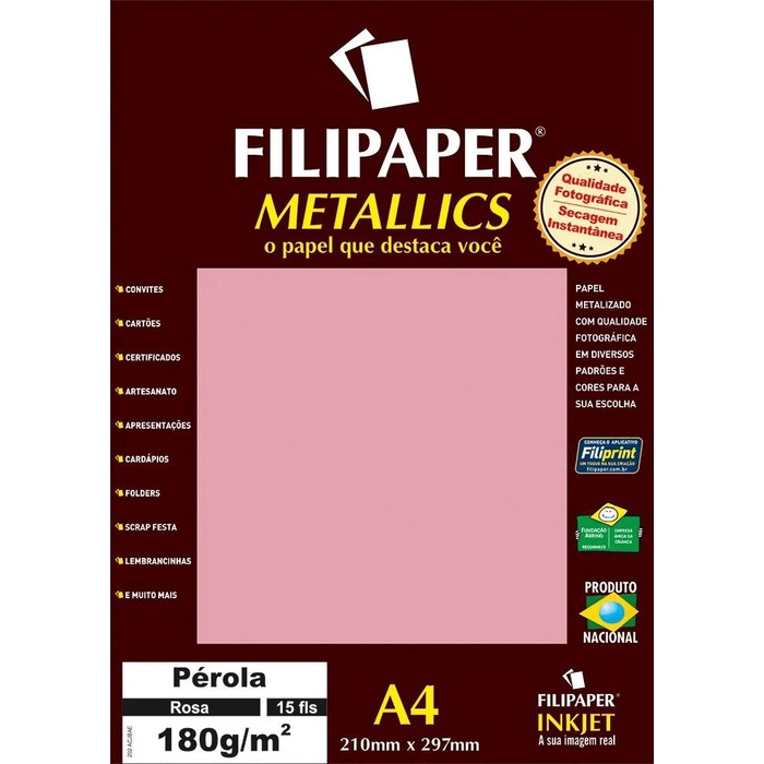 Papel Perolado Rosa A4 210x297mm 180g/m² Filipaper 15 folhas