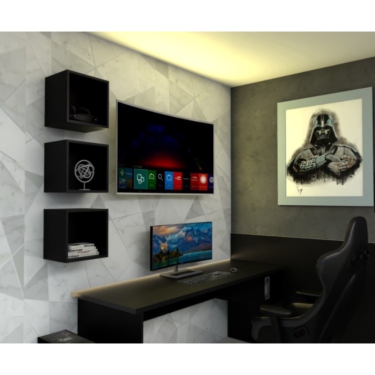 Kit 3 Nichos Quadrado Gamer Quarto Sala Preto