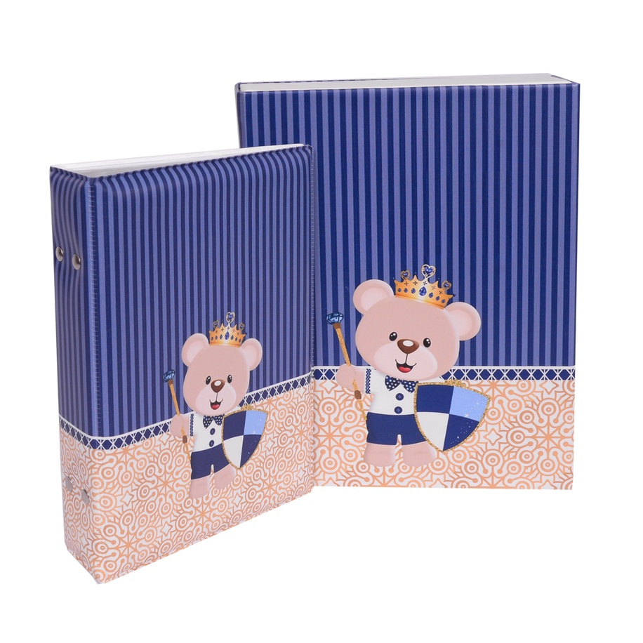 Estojo Imantado com Álbum para 100 Fotos 15x21 - URSO ESCUDO Bebê Menino Ursinho Rei Coroa Azul Newborn