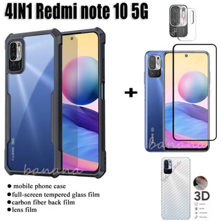 (4In1) Capa De Celular Anti-Impacto + Película Traseira + Película Vidro Temperado + Lente Para Redmi Note 10 / 5g / Note 10 Pro / 5g