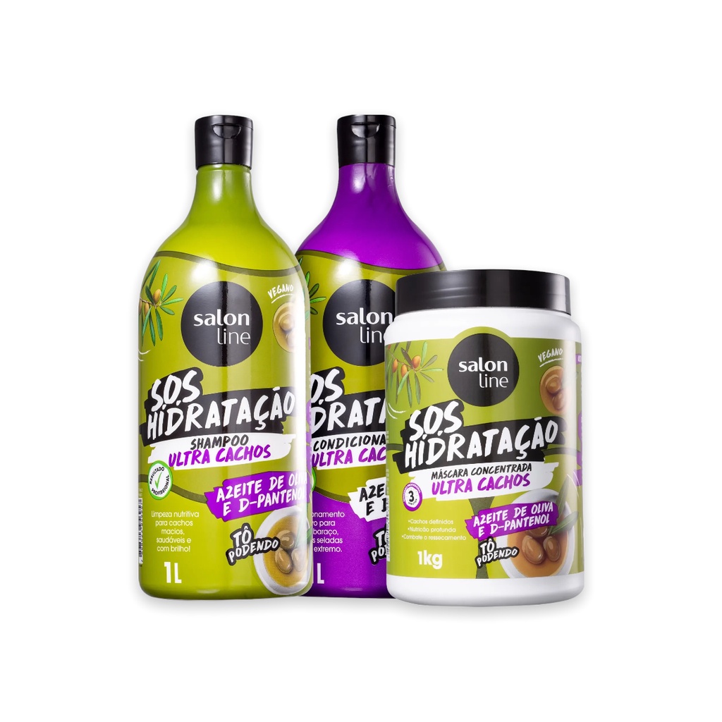 Kit SOS Hidratação Ultra Cachos Azeite de Oliva Shampoo + Condicionador + Máscara Salon Line