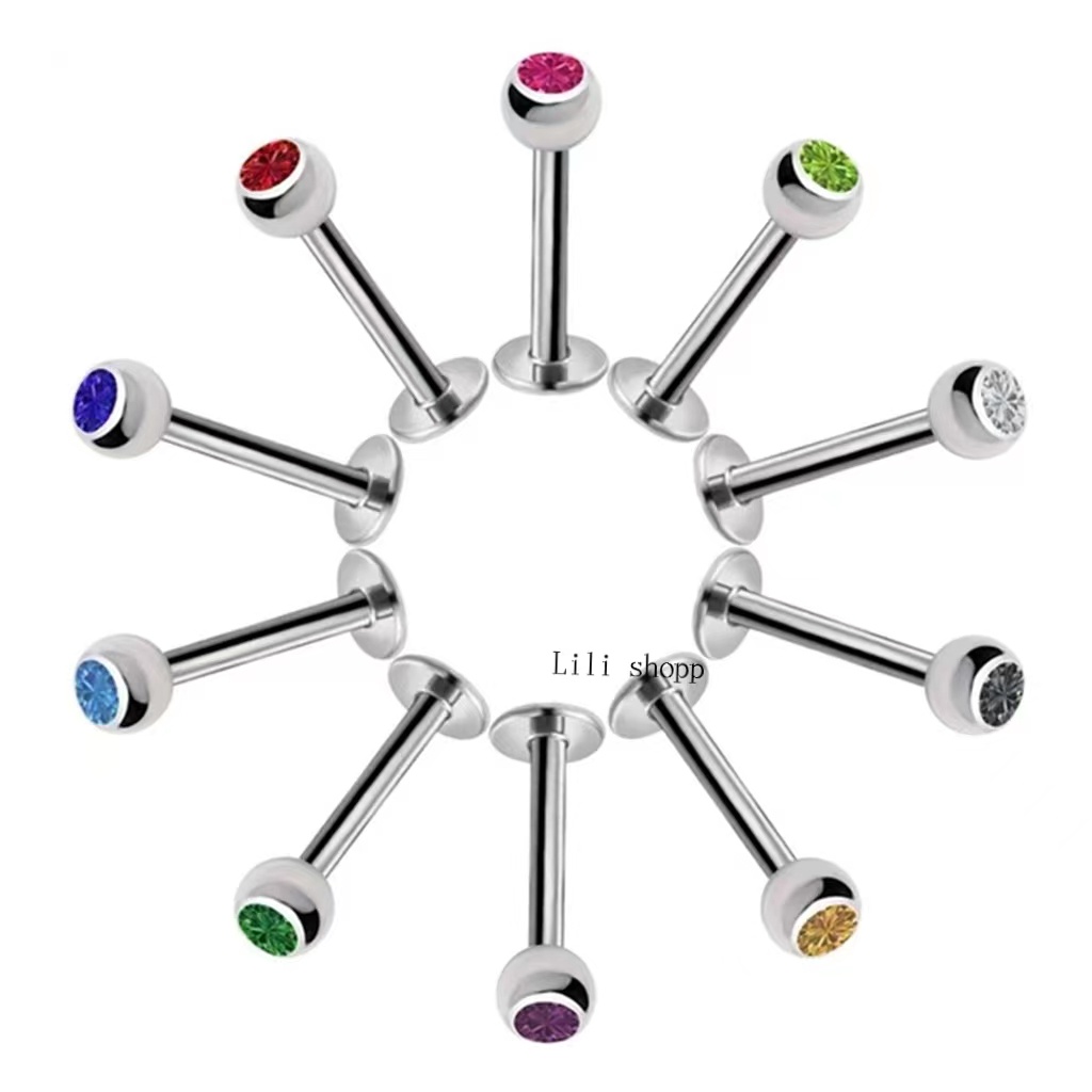Kit 12 Piercing Labret Queixo Bolinha strass Aço Prata colorido