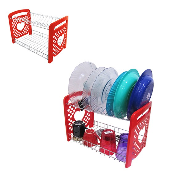 Escorredor / Secador De Pratos Duplo Aramado Com Lateral De Plastico Coracao Vermelho
