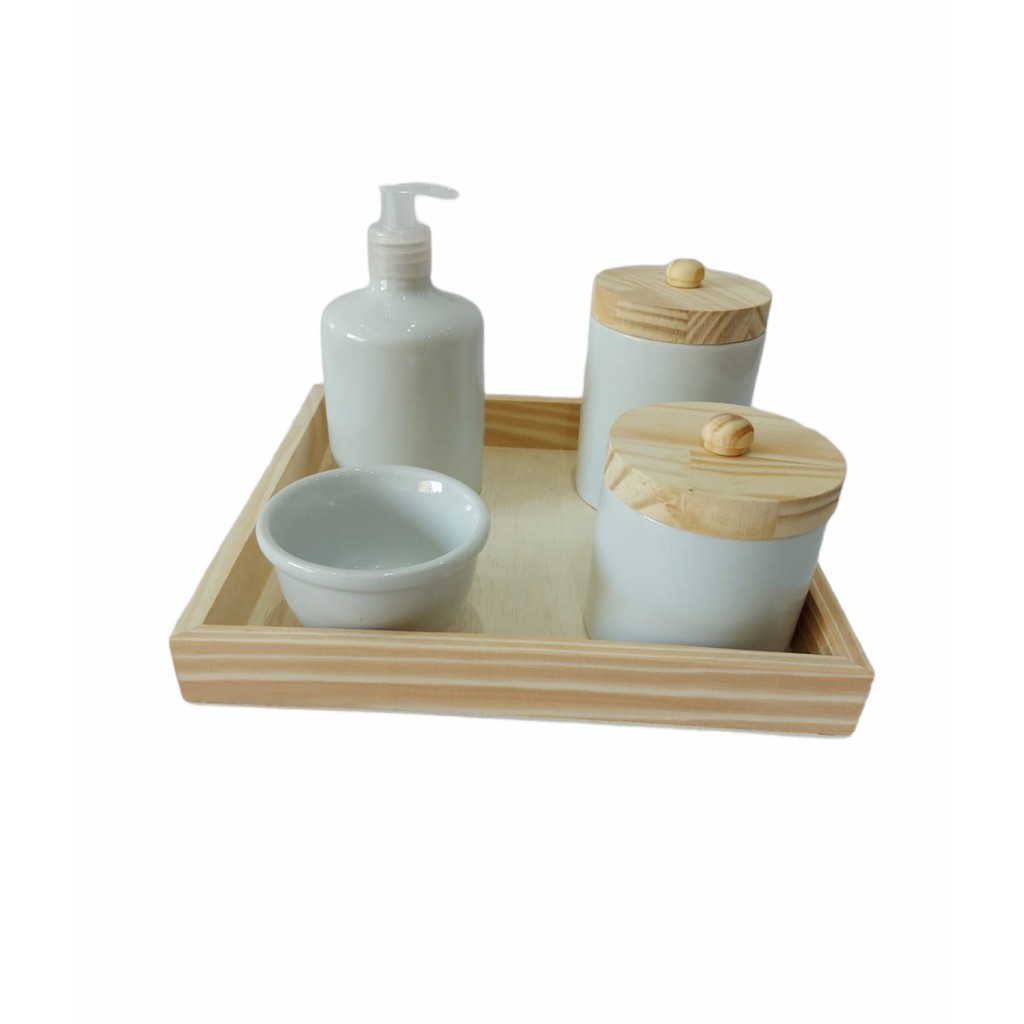 Kit Higiene Bebe Porcelana Branca 5 Pecas Potes, Saboneteira, Molhadeira Tampas Com Pino Puxador E Bandeja 25x25