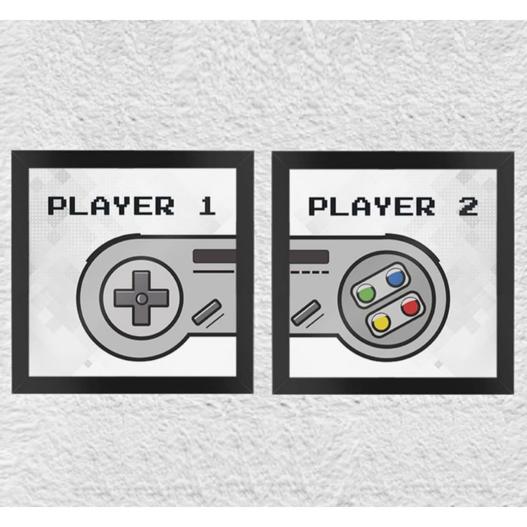 Kit 2 Peças Quadro Decorativo Game Nintendo Play 1 Play 2 - Painel Decoração Quarto Menino Gamer Controle de Video Game