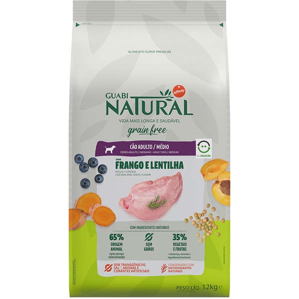 Ração Guabi Natural Grain Free Frango e Lentilha para Cães Adultos Raças Médias 12kg