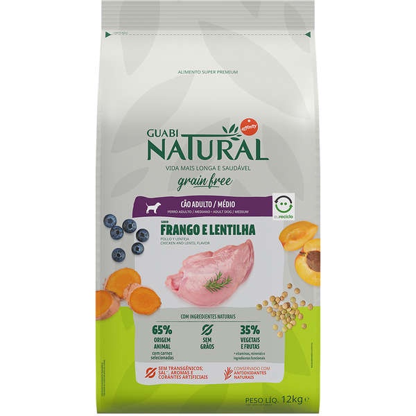 Ração Guabi Natural Grain Free Frango e Lentilha para Cães Adultos Raças Médias 12kg