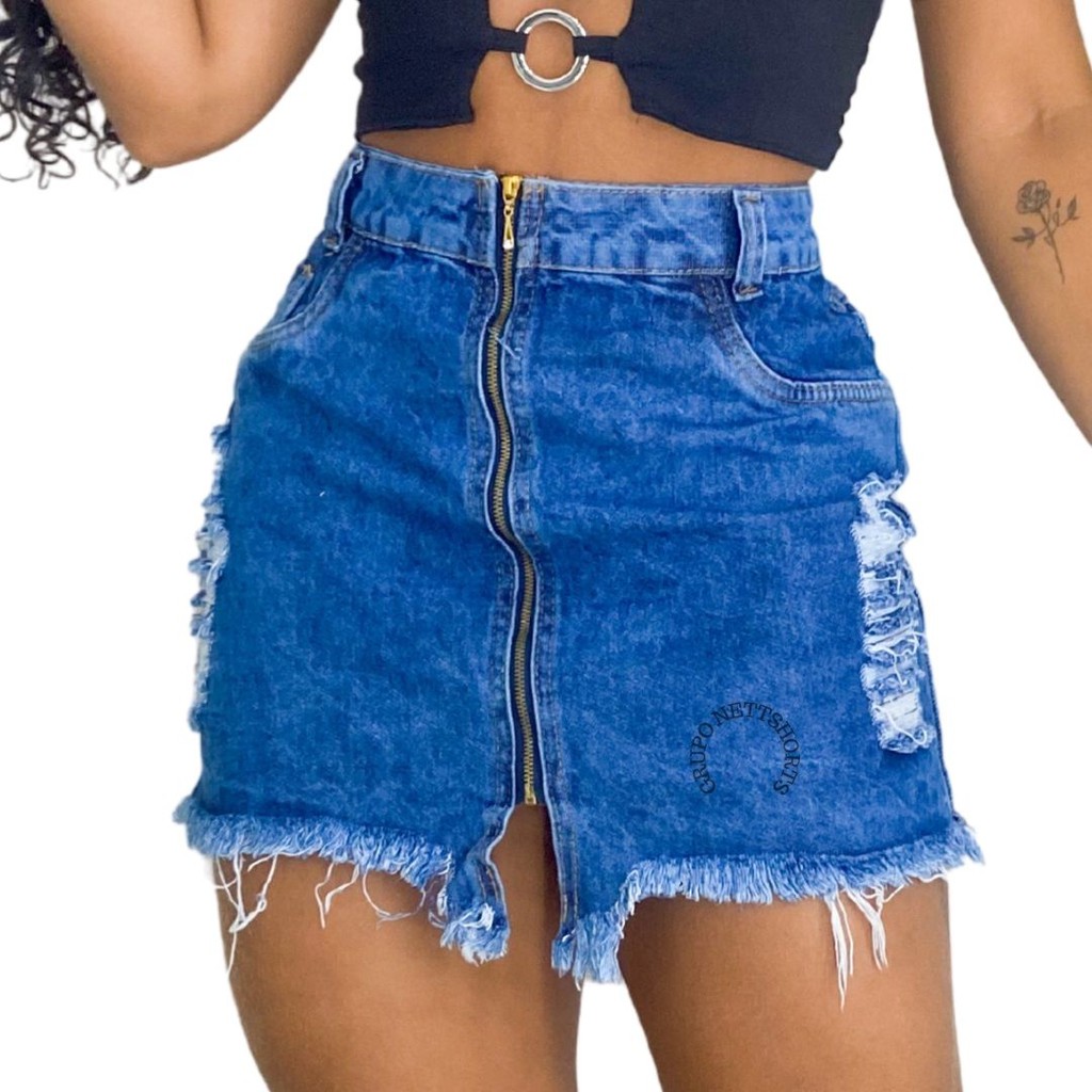 Saia Jeans Feminina Cintura Alta Destroyed em Oferta na Shopee